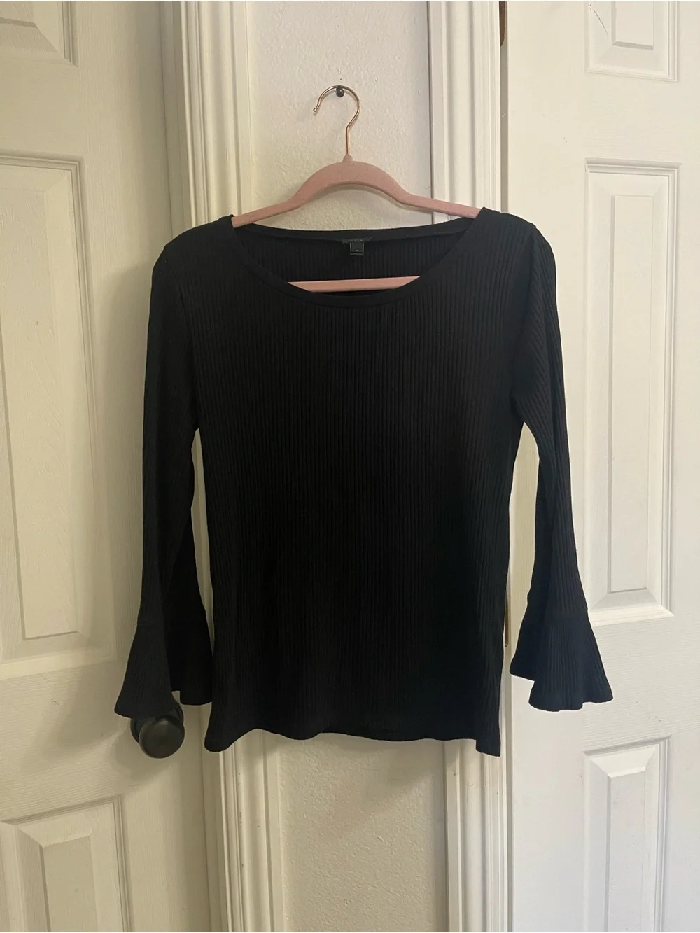 J. Crew Black Ribbed Long-Sleeve Top with Flared Cuffs